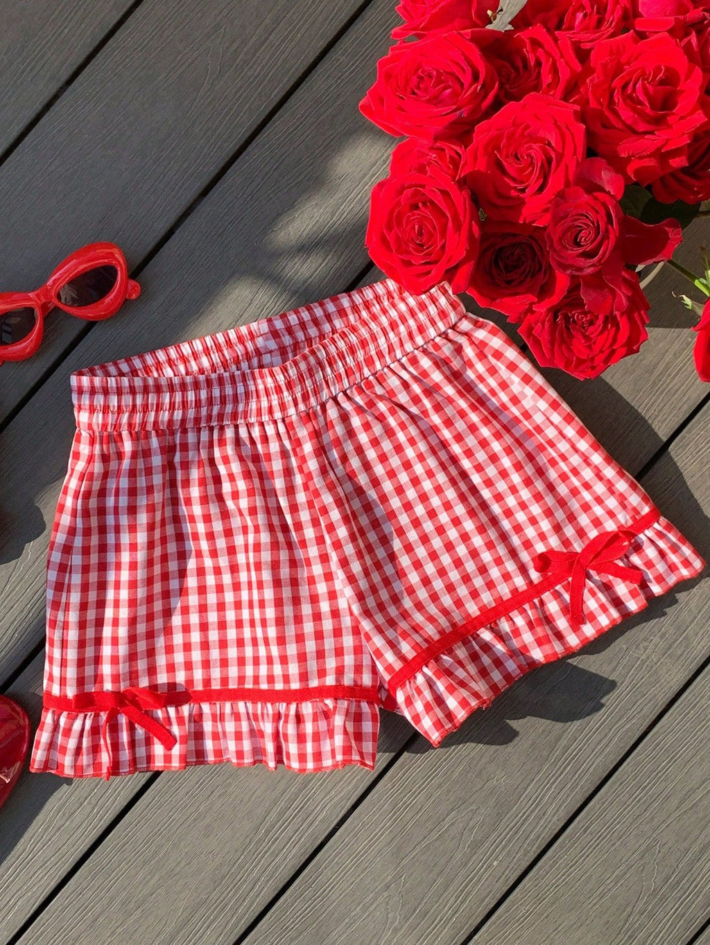 Gingham Bow Trim Ruffled Boxer Shorts - Red - 1