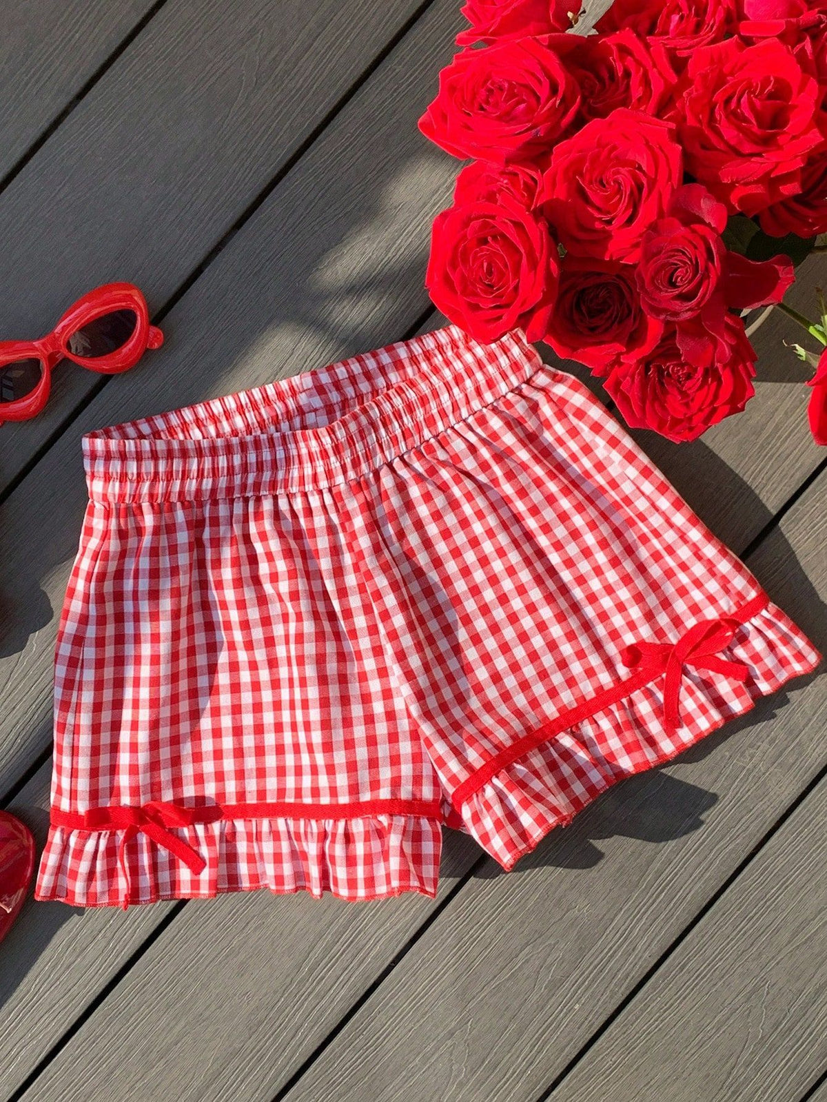Gingham Bow Trim Ruffled Boxer Shorts - Red - 1
