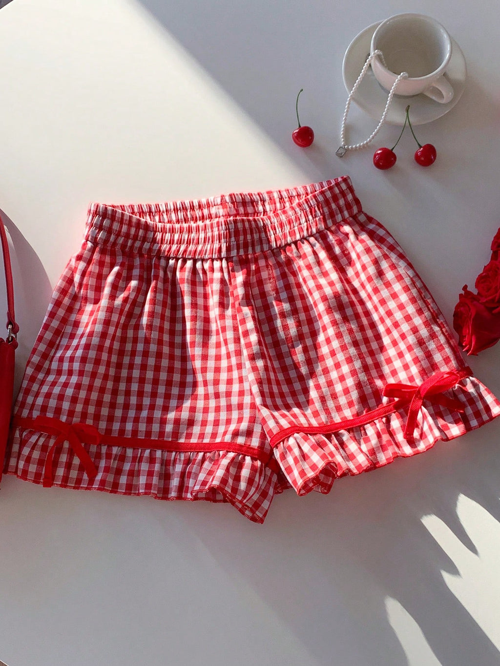 Gingham Bow Trim Ruffled Boxer Shorts - Red - 2