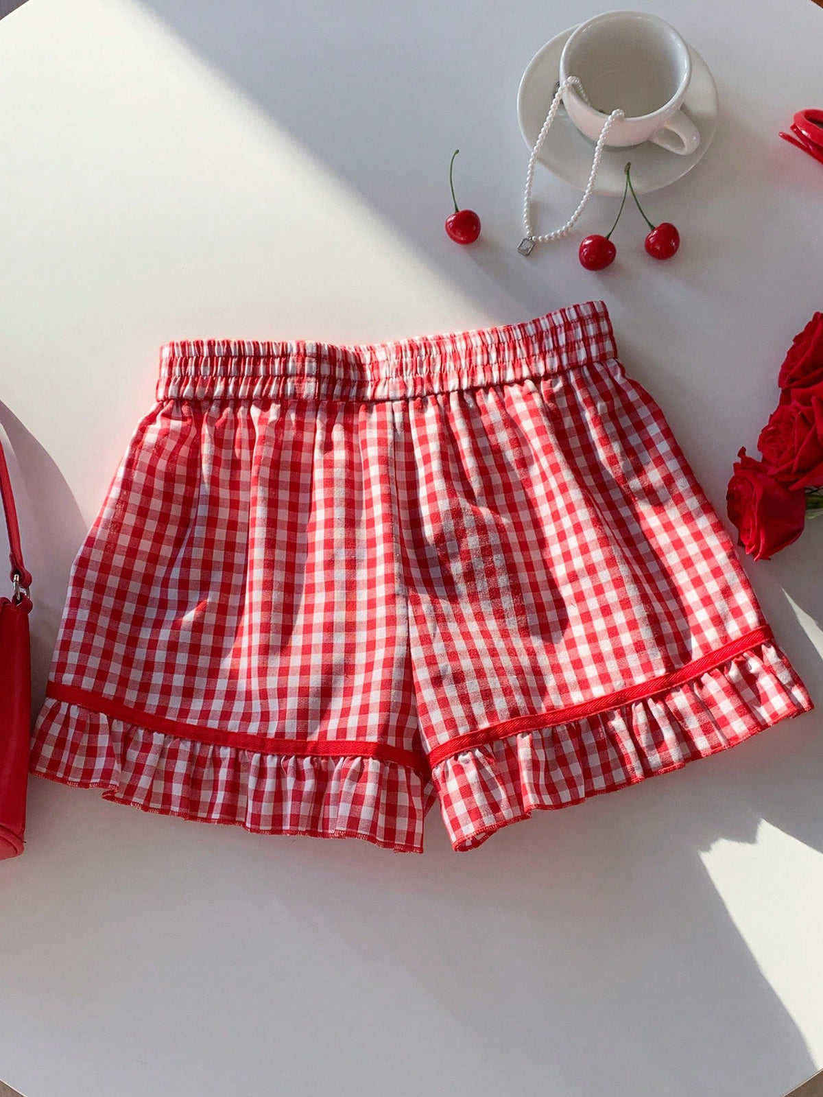 Gingham Bow Trim Ruffled Boxer Shorts - Red - 3