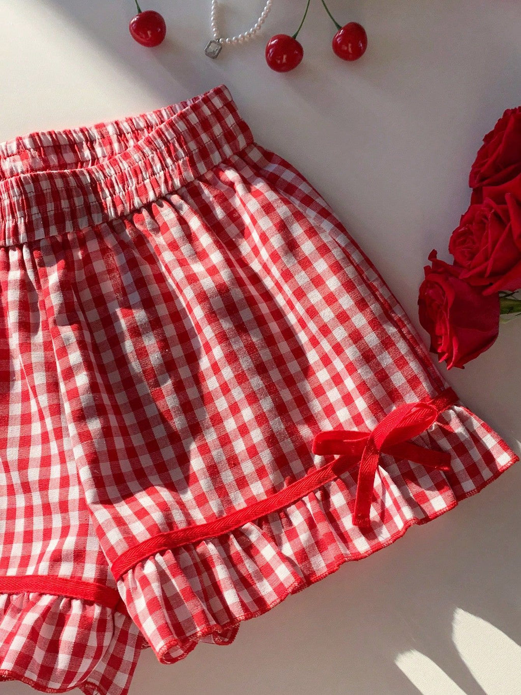 Gingham Bow Trim Ruffled Boxer Shorts - Red - 4