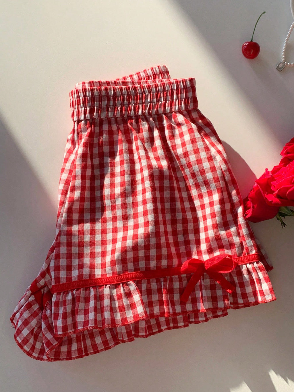 Gingham Bow Trim Ruffled Boxer Shorts - Red - 5