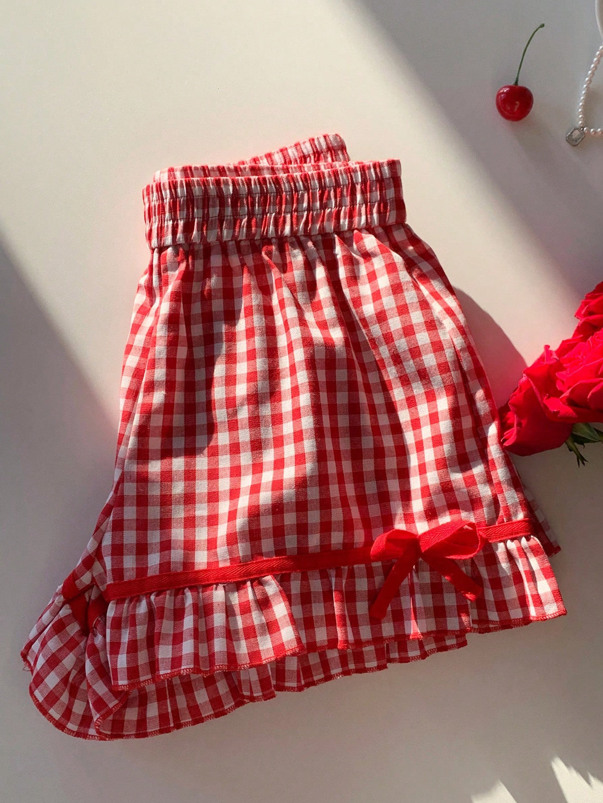 Gingham Bow Trim Ruffled Boxer Shorts - Red - 5