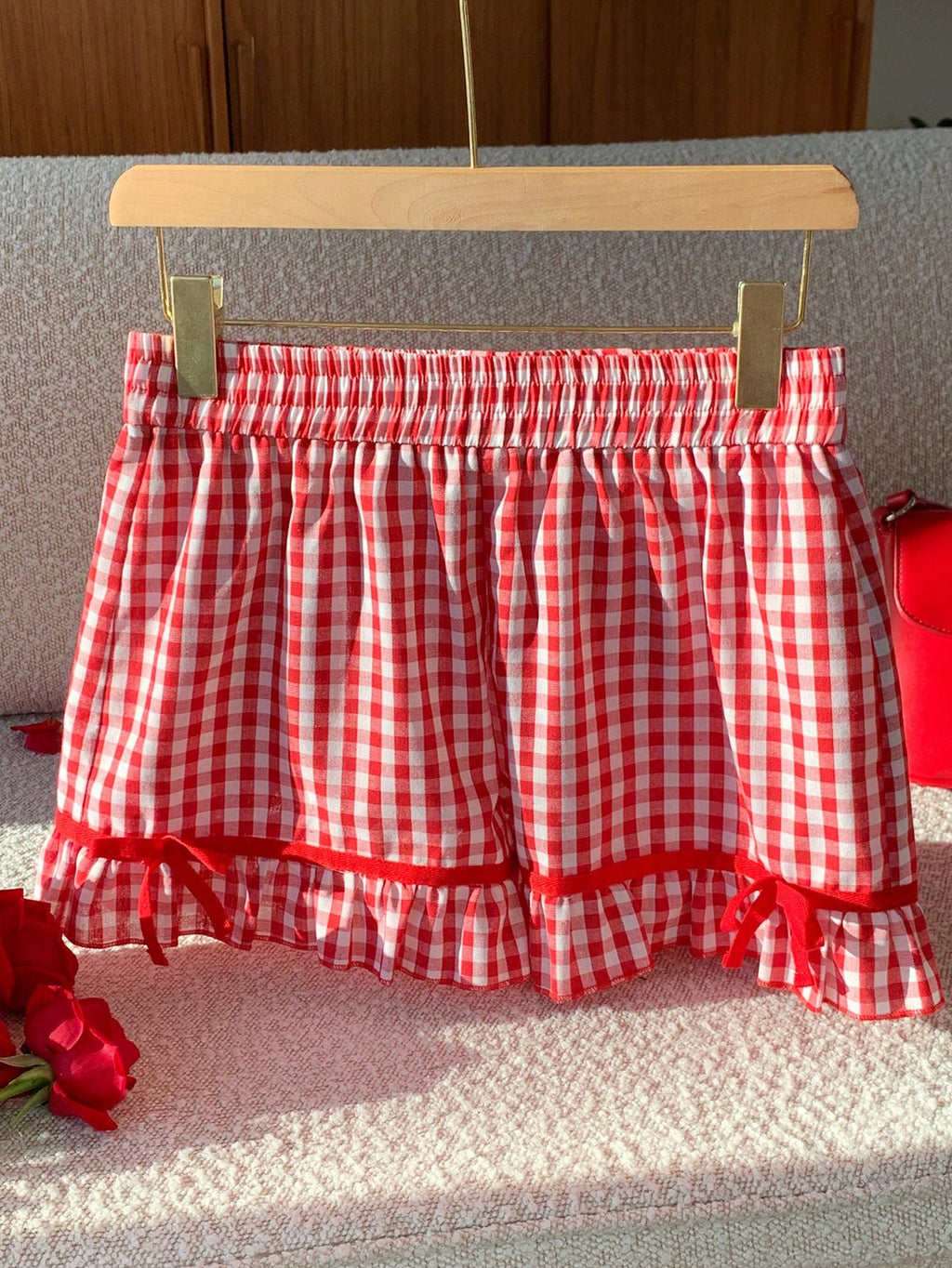 Gingham Bow Trim Ruffled Boxer Shorts - Red - 6