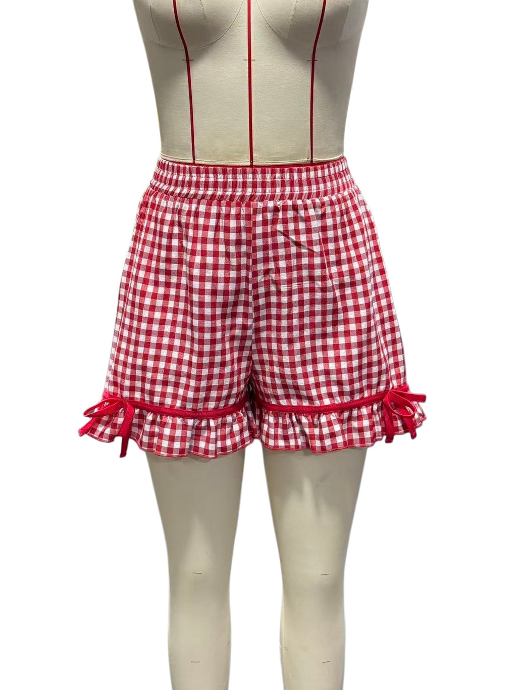 Gingham Bow Trim Ruffled Boxer Shorts - Red - 7