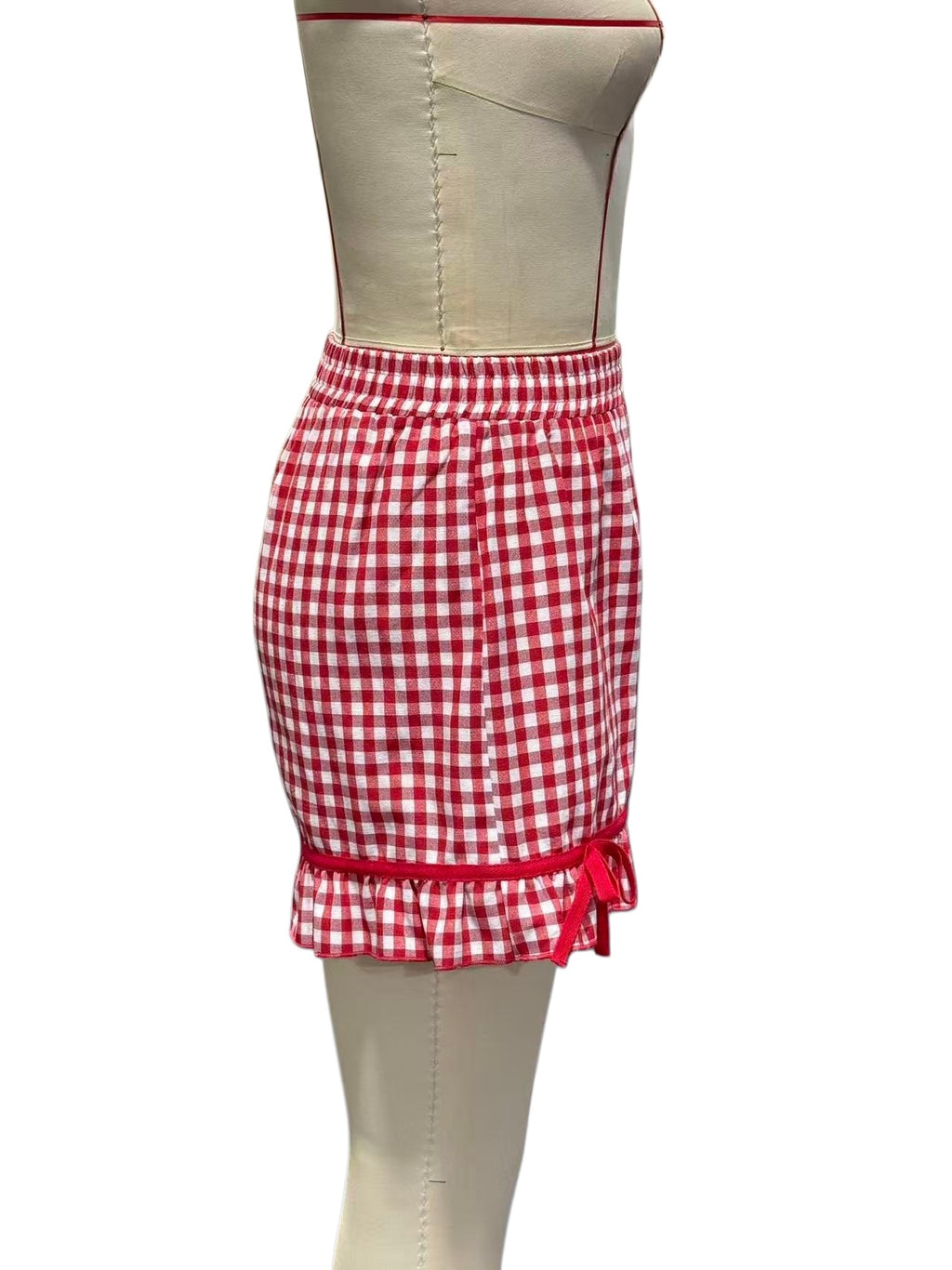 Gingham Bow Trim Ruffled Boxer Shorts - Red - 8