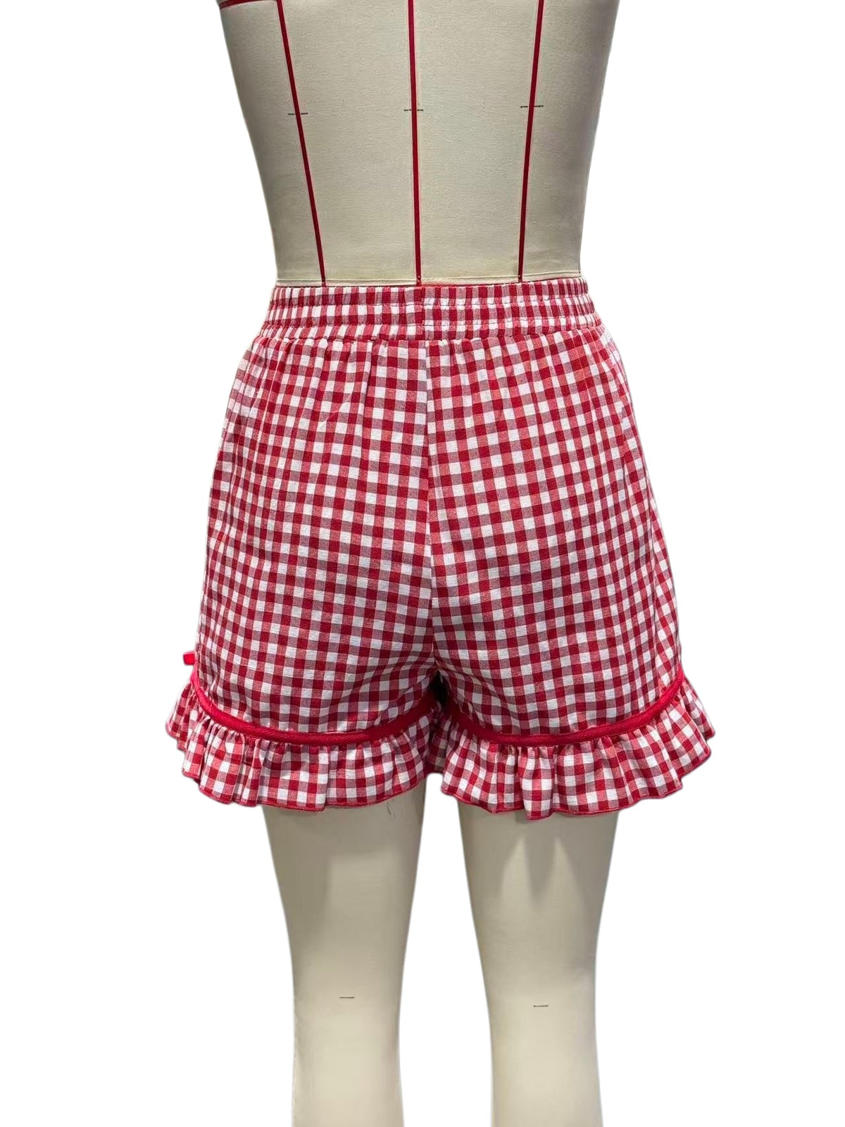 Gingham Bow Trim Ruffled Boxer Shorts - Red - 9