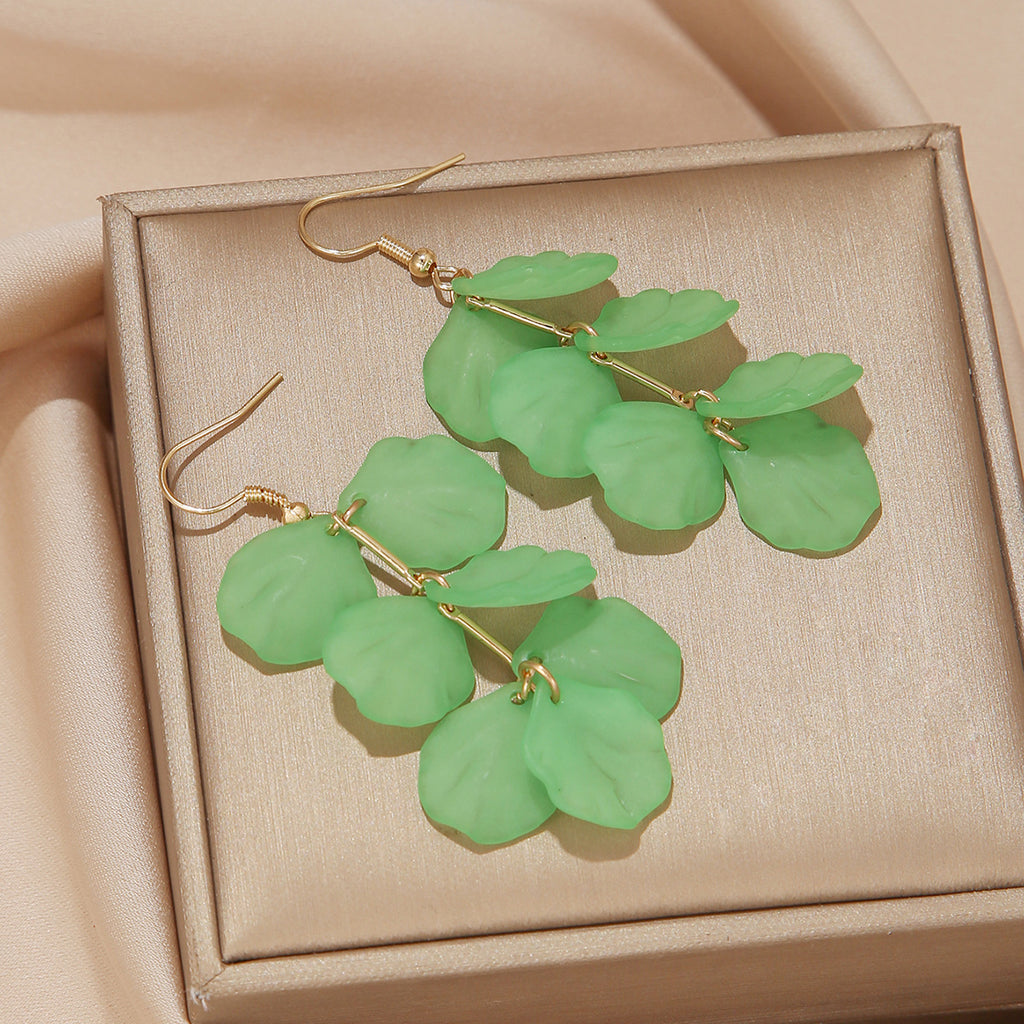 Frosted Petal Cluster Drop Earrings - Green
