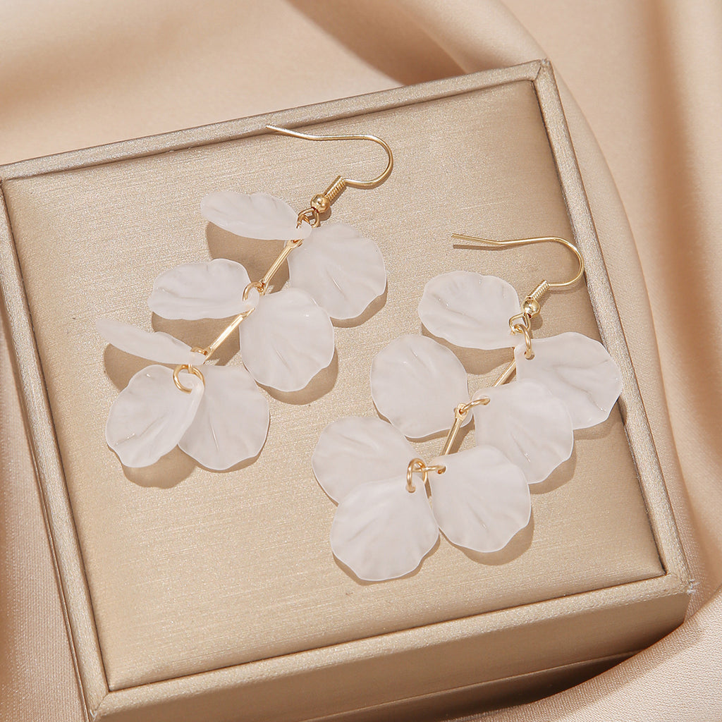 Frosted Petal Cluster Drop Earrings - White