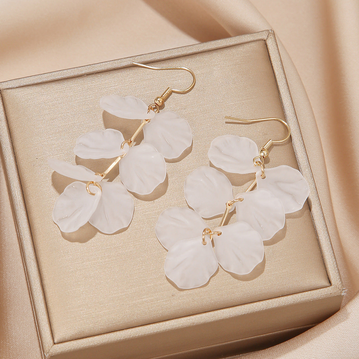 Frosted Petal Cluster Drop Earrings - White