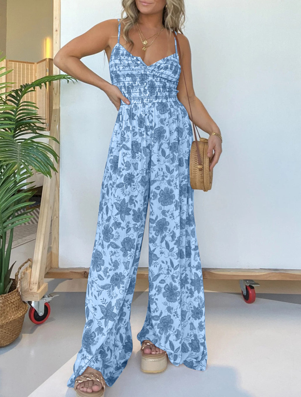 Floral Print Smocked Wide Leg Jumpsuit - Blue