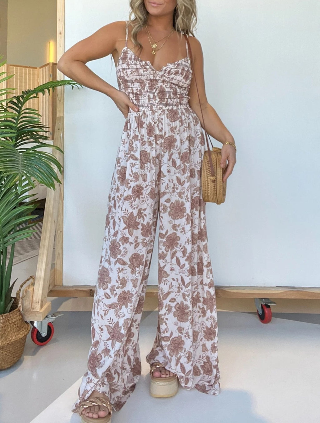 Floral Print Smocked Wide Leg Jumpsuit