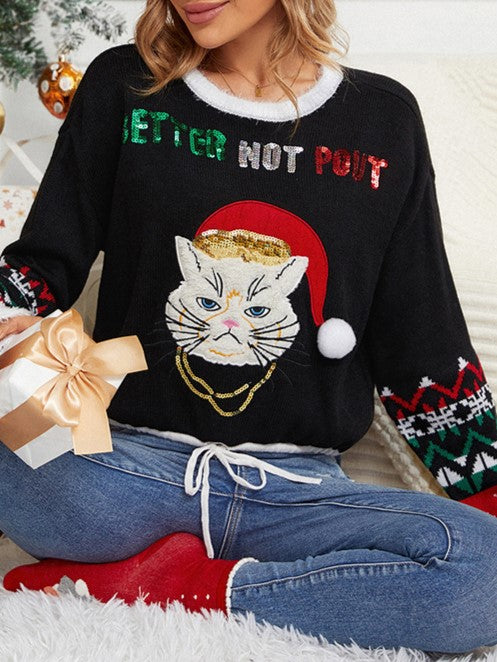 Sequin Santa Cat Fair Isle Sweater - Black - 2
