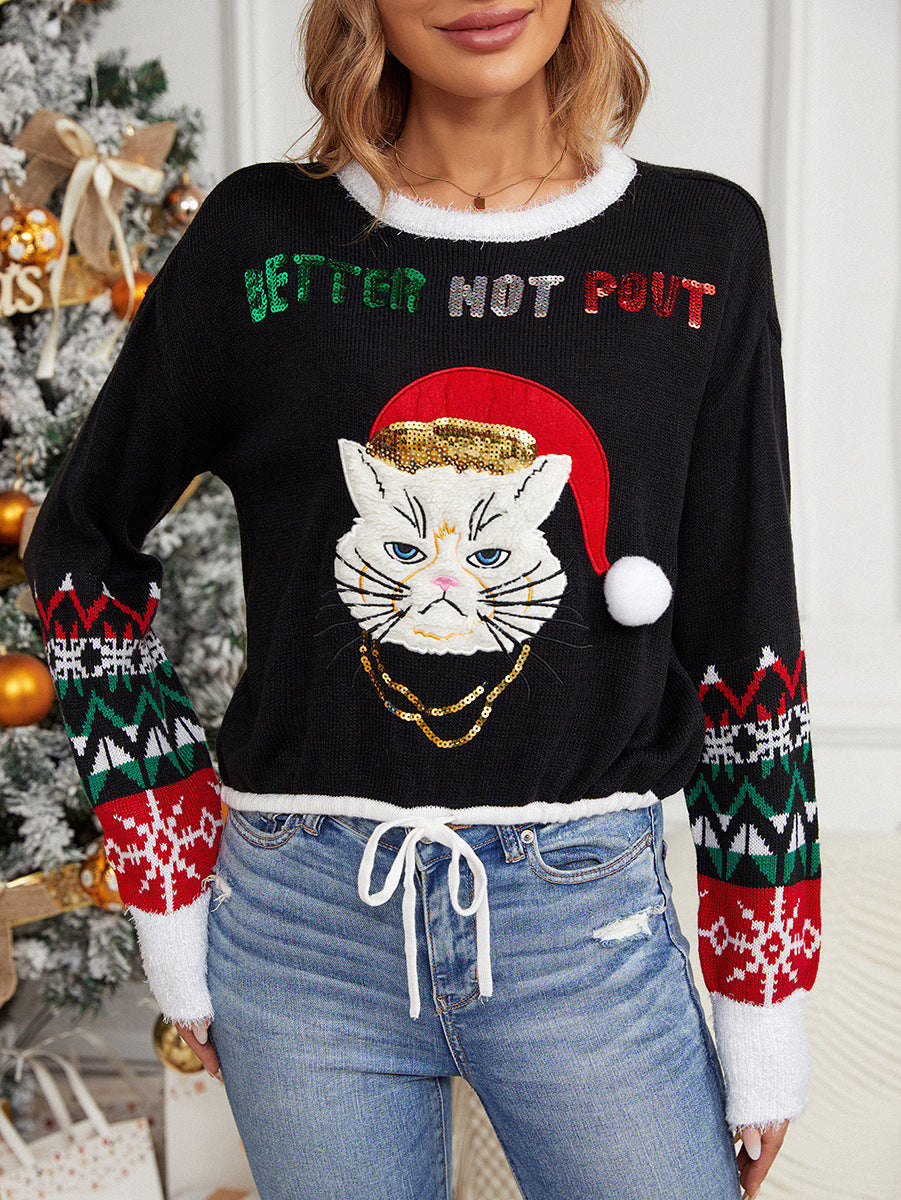 Sequin Santa Cat Fair Isle Sweater - Black - 3