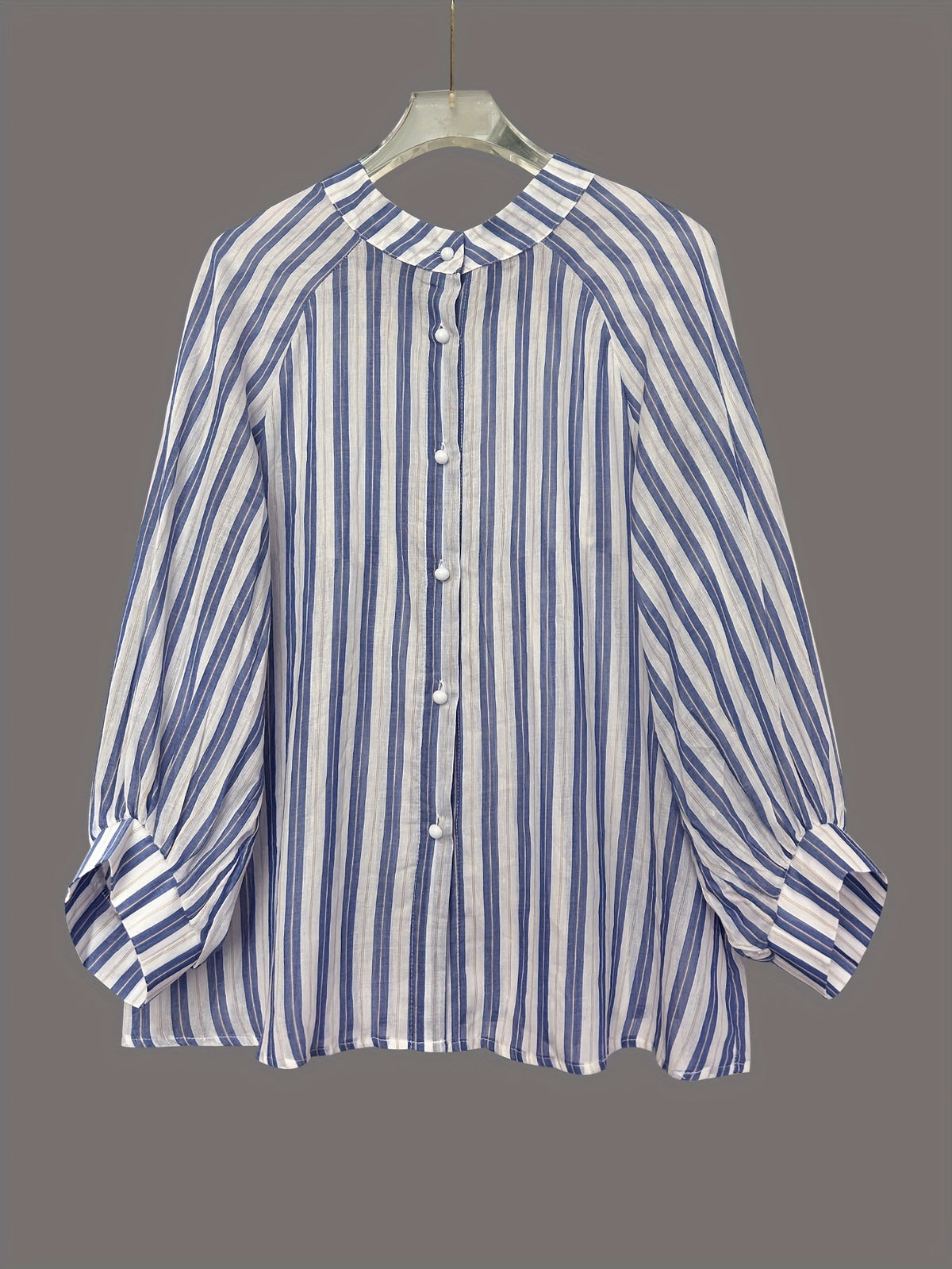 Striped Balloon Sleeve Ruffle Button Down Blouse - Blue - 1