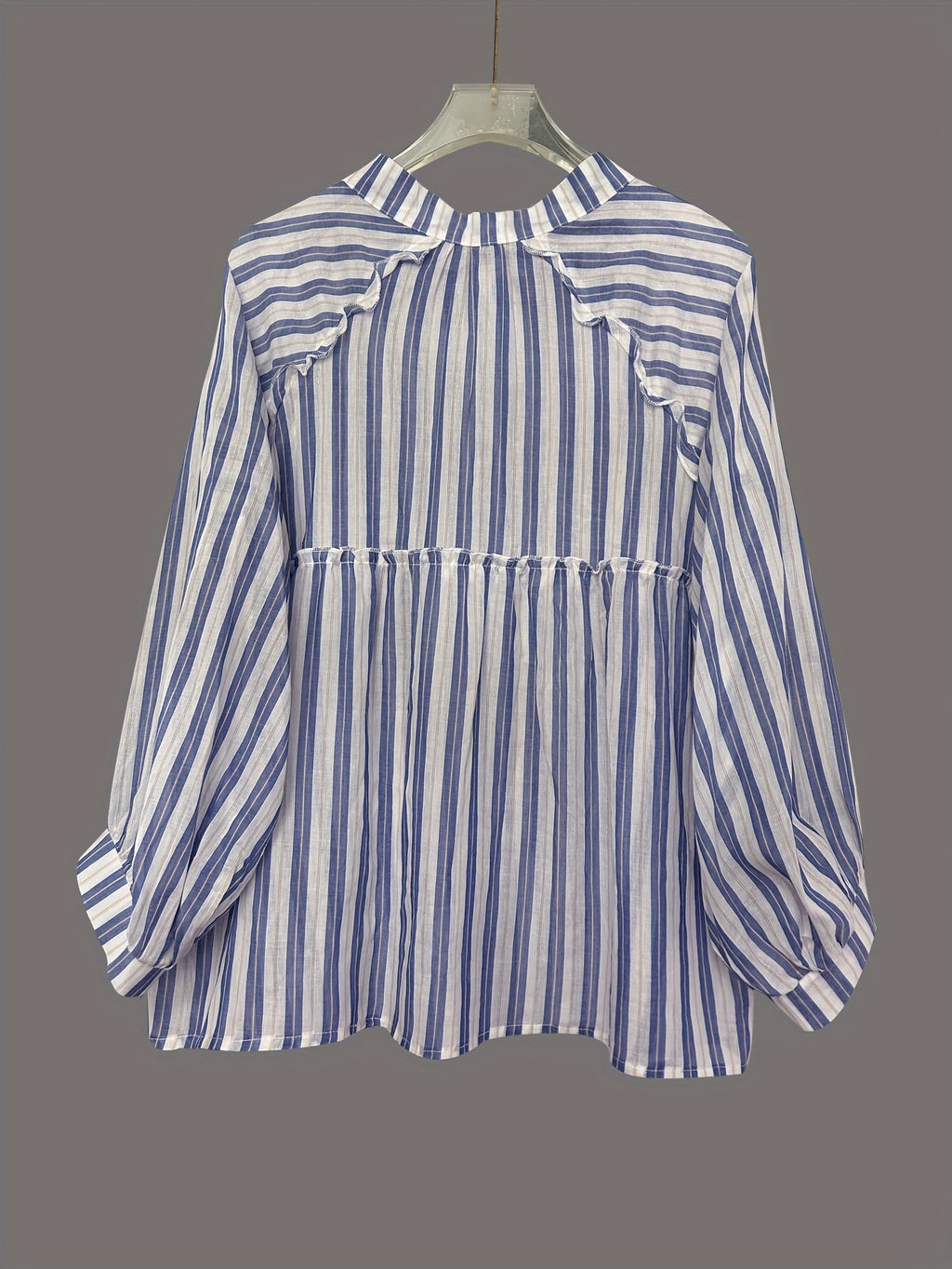 Striped Balloon Sleeve Ruffle Button Down Blouse - Blue - 2