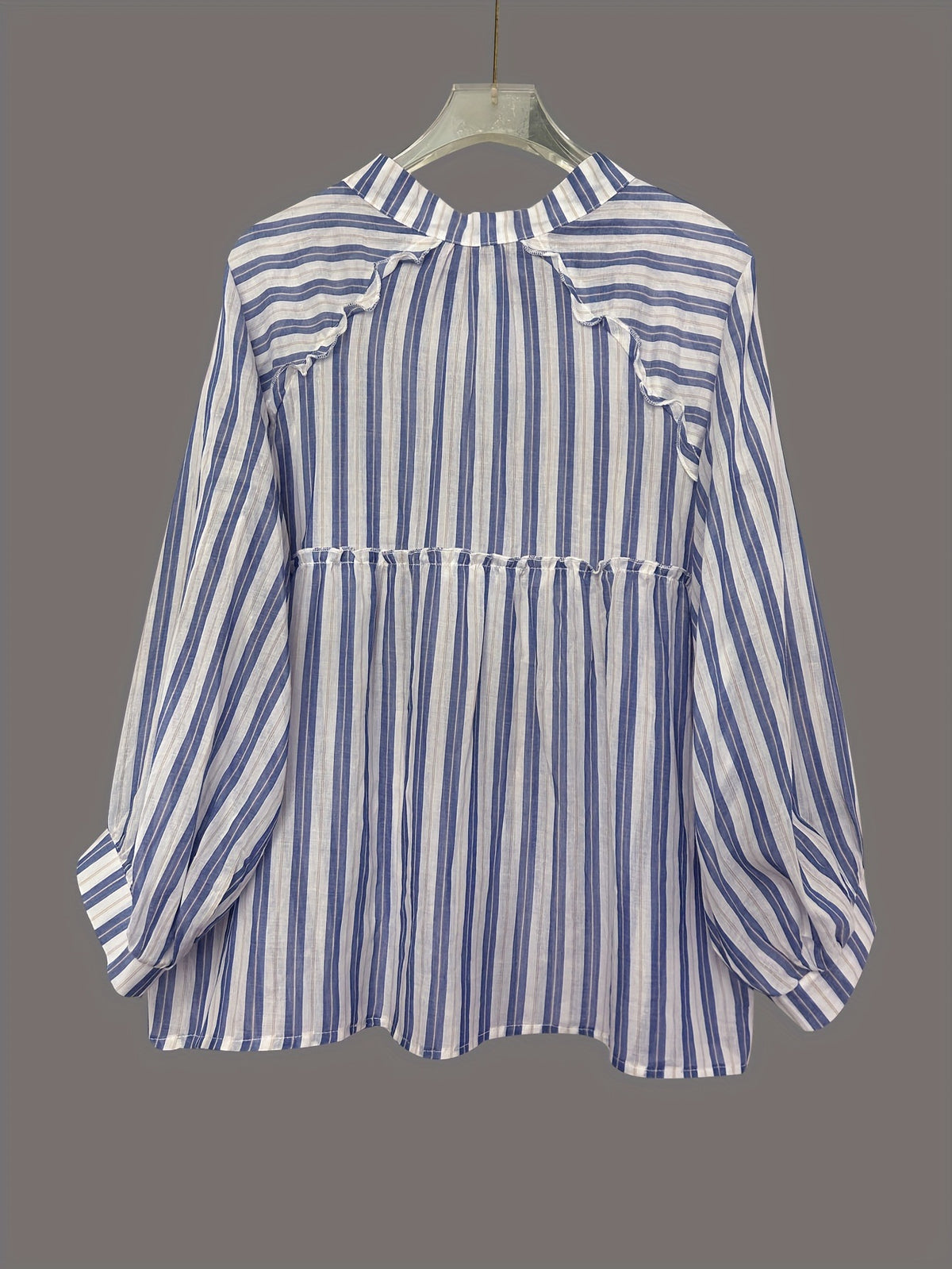 Striped Balloon Sleeve Ruffle Button Down Blouse - Blue - 2