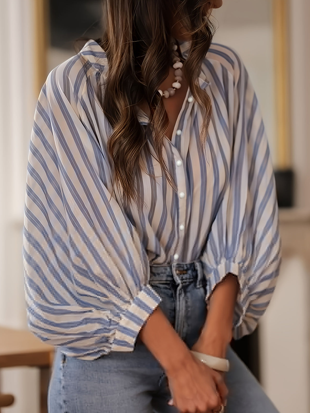 Striped Balloon Sleeve Ruffle Button Down Blouse - Blue - 5
