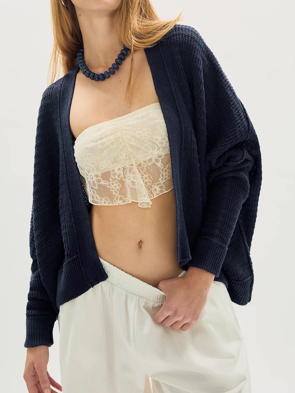 Slouchy Open Front Batwing Knit Cardigan - Navy