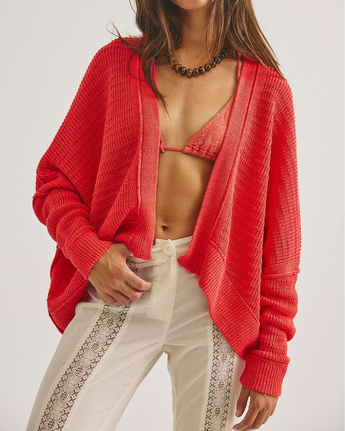 Slouchy Open Front Batwing Knit Cardigan - Red