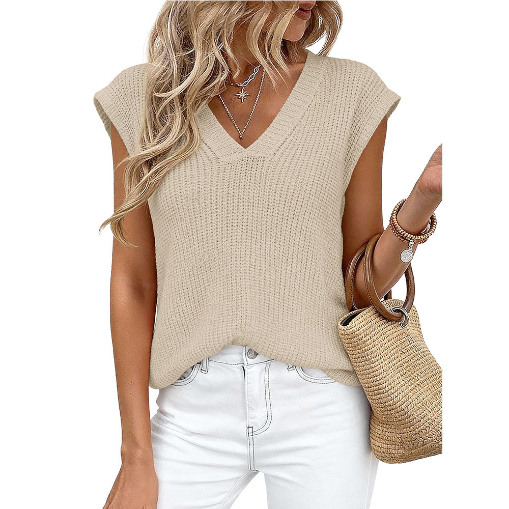 Ribbed V Neck Cap Sleeve Knit Top - Apricot