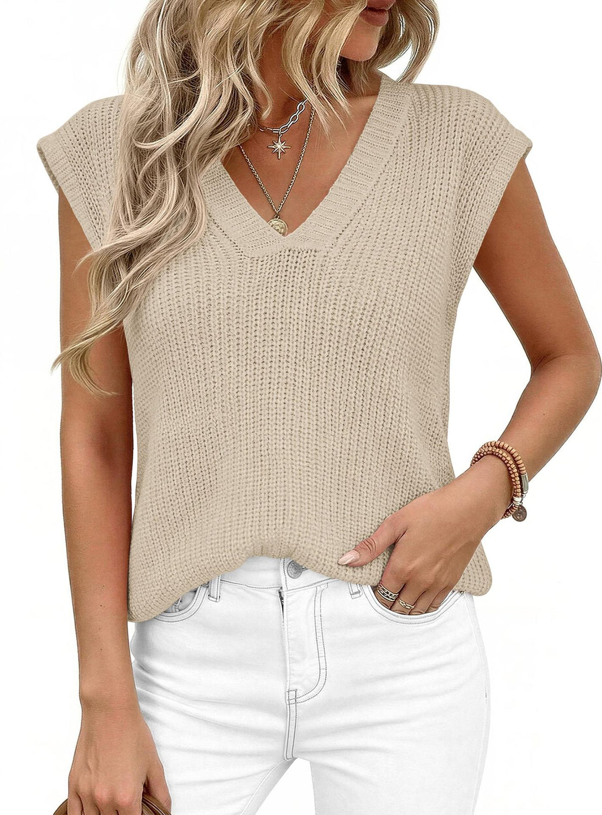 Ribbed V Neck Cap Sleeve Knit Top - Apricot - 3