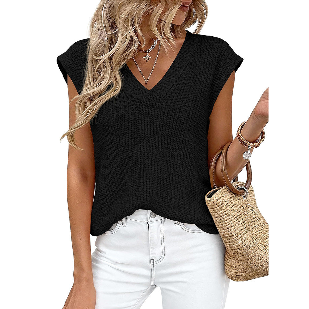 Ribbed V Neck Cap Sleeve Knit Top - Black