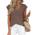 Ribbed V Neck Cap Sleeve Knit Top - Coffee