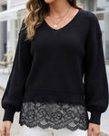 Lace Trim Hem V-Neck Ribbed Knit Sweater - Black