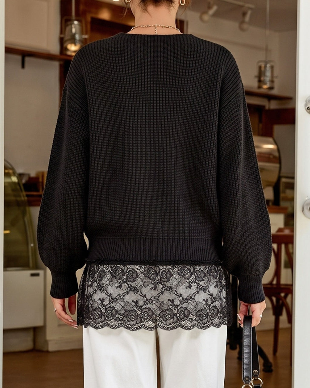 Lace Trim Hem V-Neck Ribbed Knit Sweater - Black - 2