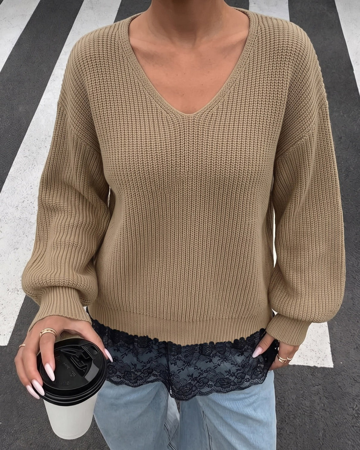 Lace Trim Hem V-Neck Ribbed Knit Sweater - Camel