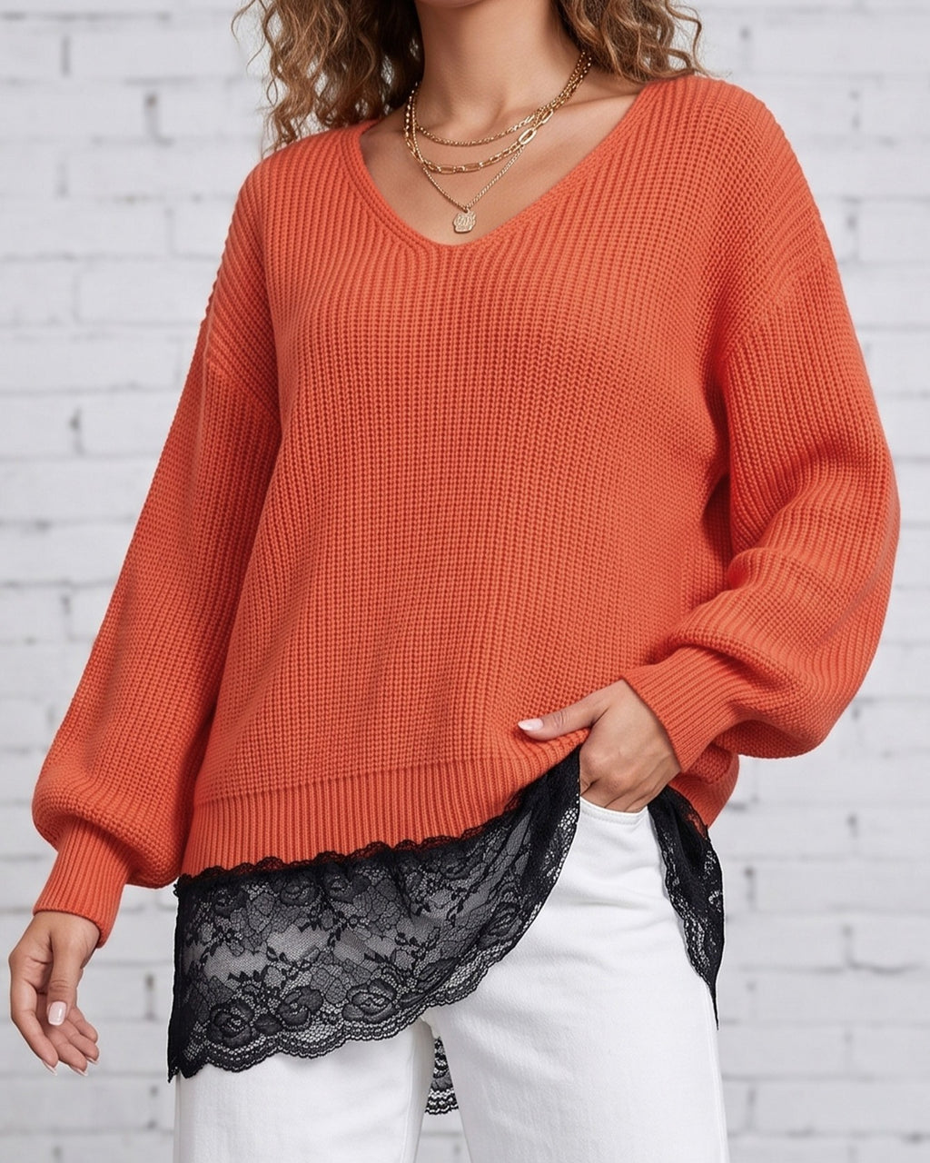 Lace Trim Hem V-Neck Ribbed Knit Sweater - Orange