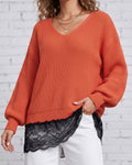 Lace Trim Hem V-Neck Ribbed Knit Sweater - Orange