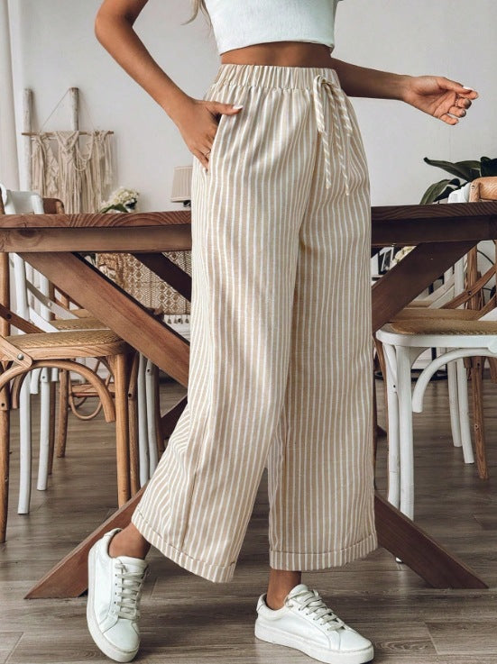 Pinstripe Drawstring Cropped Wide Leg Pants - Apricot - 1