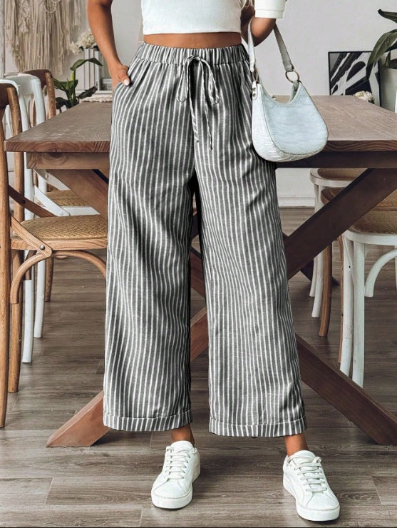 Pinstripe Drawstring Cropped Wide Leg Pants - Black