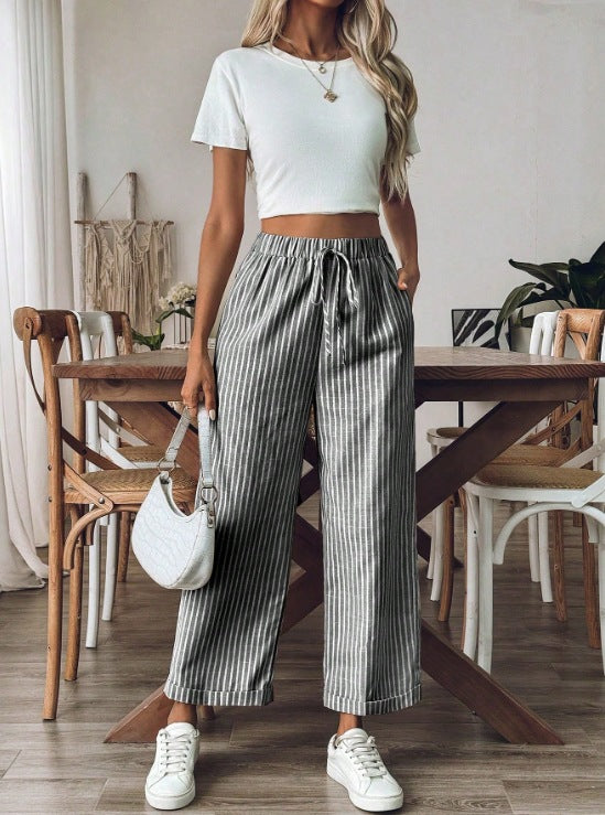 Pinstripe Drawstring Cropped Wide Leg Pants - Black - 1