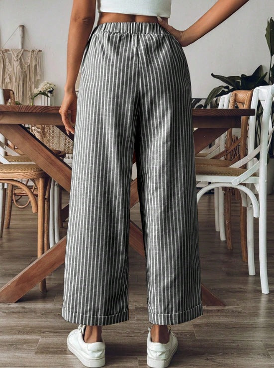 Pinstripe Drawstring Cropped Wide Leg Pants - Black - 2