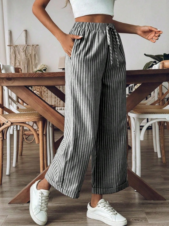 Pinstripe Drawstring Cropped Wide Leg Pants - Black - 3