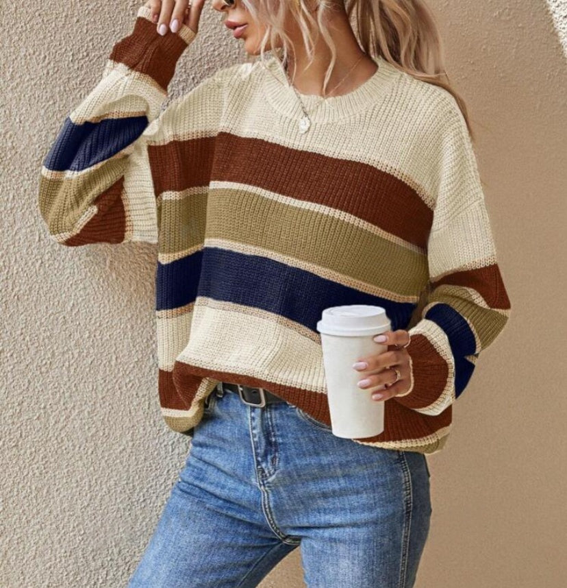Striped Colorblock Drop Shoulder Knit Sweater - Apricot