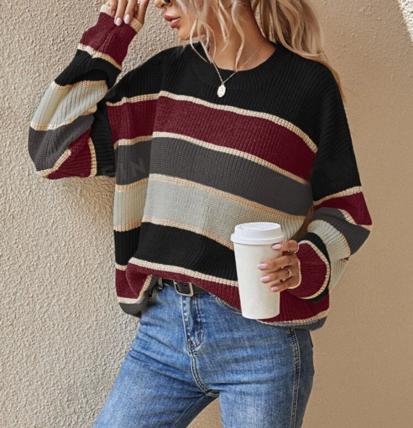 Striped Colorblock Drop Shoulder Knit Sweater - Black