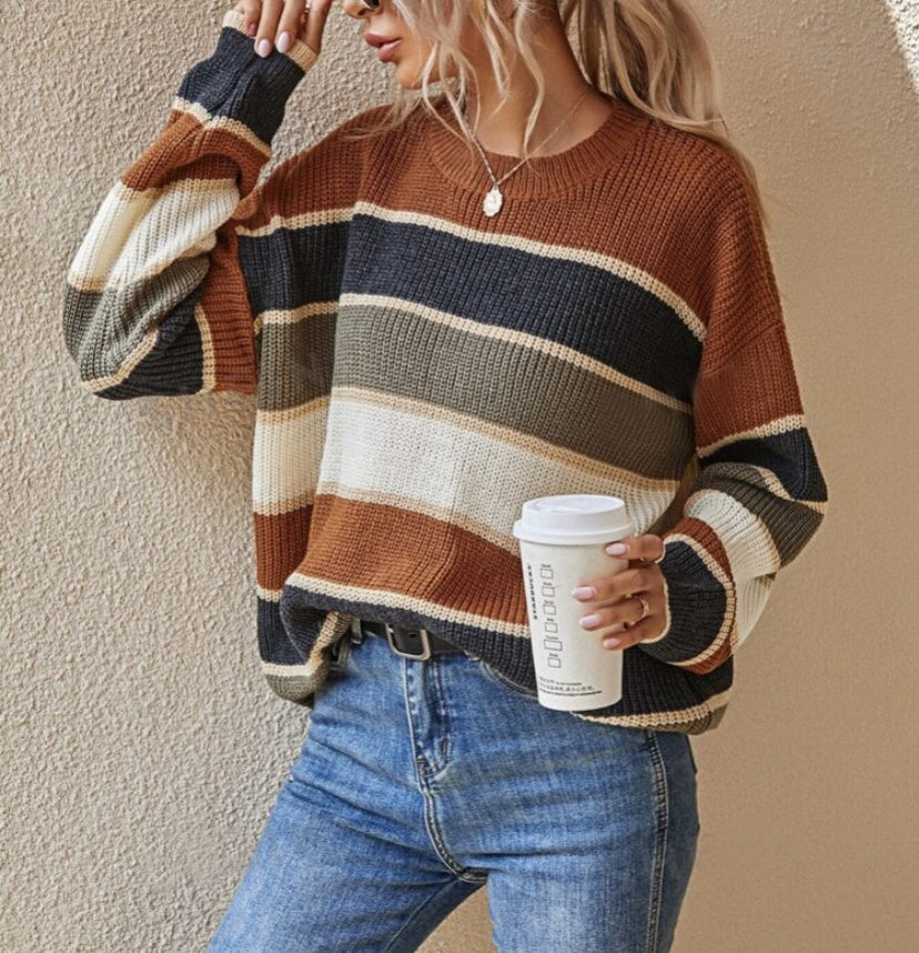 Striped Colorblock Drop Shoulder Knit Sweater - Brown