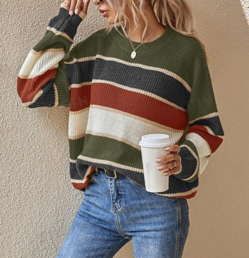 Striped Colorblock Drop Shoulder Knit Sweater - Green