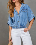 Puff Sleeve Denim Blouse With Elastic Hem - Blue