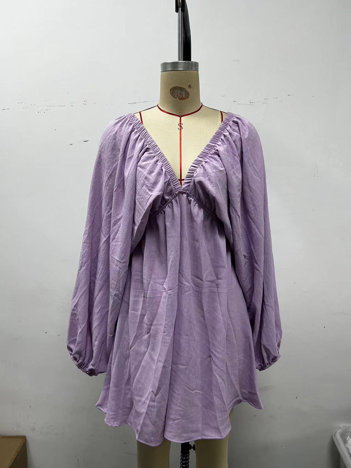 Balloon Sleeve Plunge Neck Mini Dress - Purple