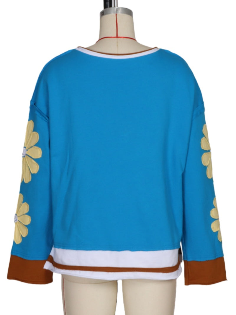 Patch Sleeve Oversized Crewneck Tee - Daisy - 1