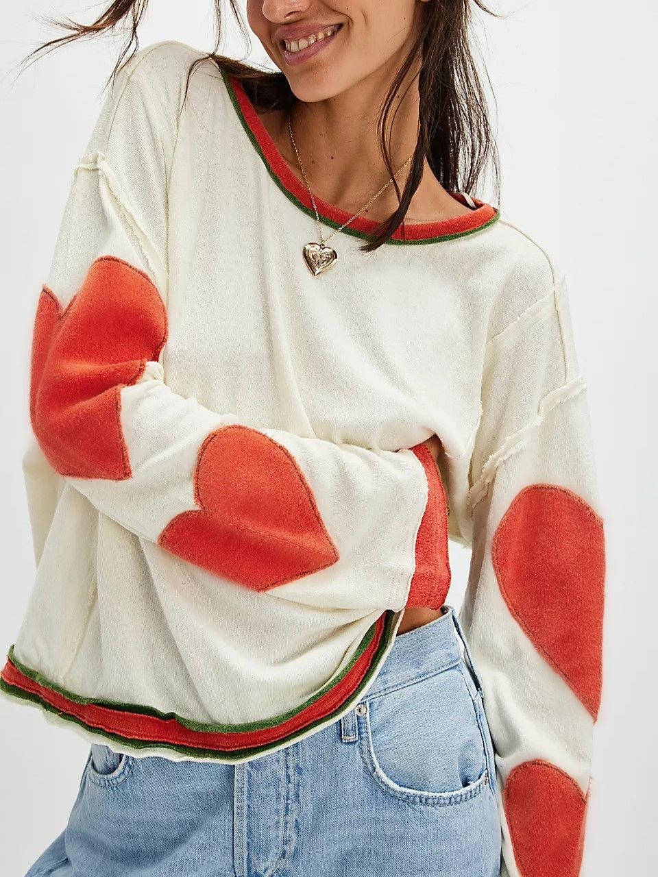 Patch Sleeve Oversized Crewneck Tee - Heart