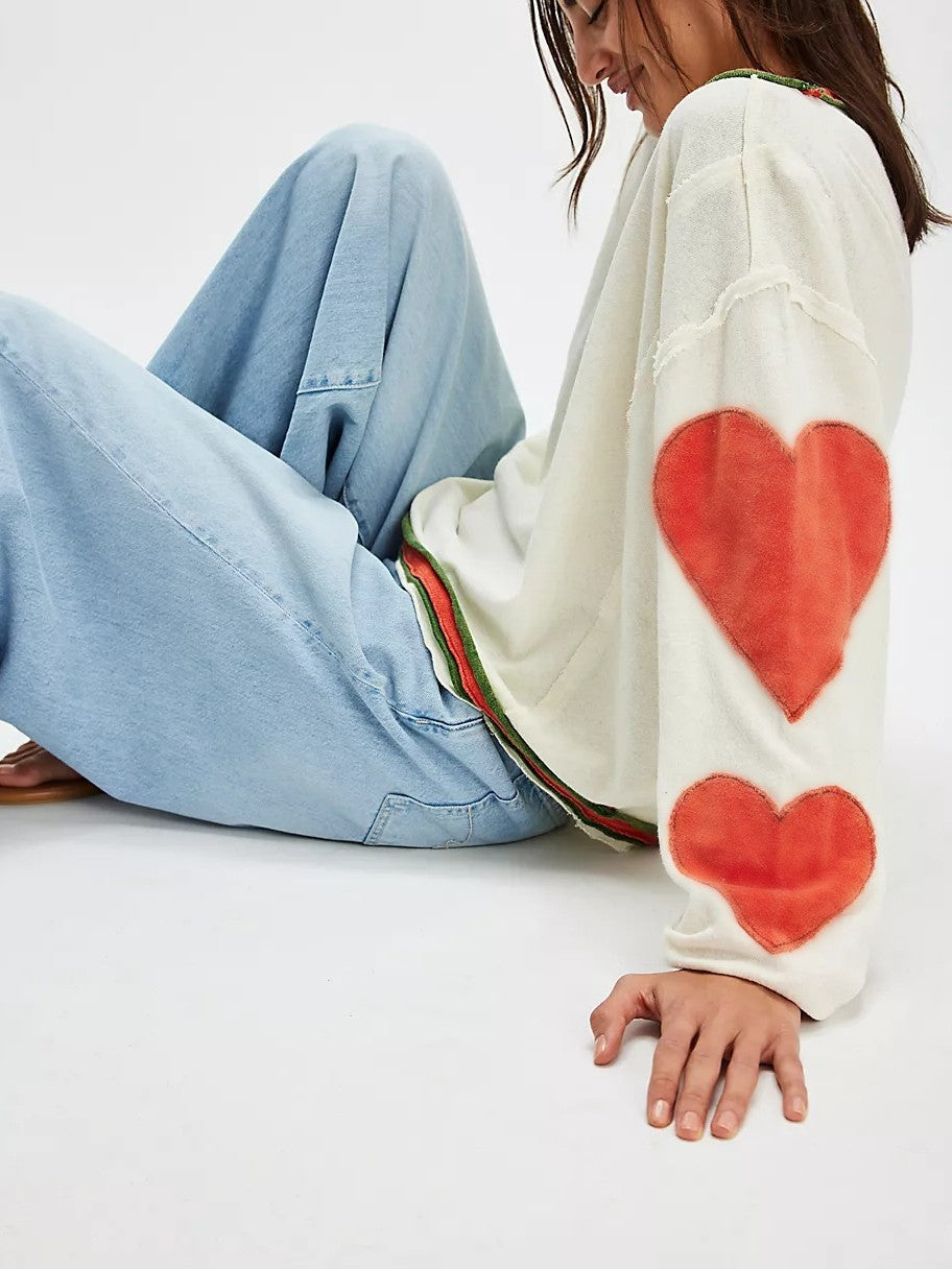 Patch Sleeve Oversized Crewneck Tee - Heart - 2