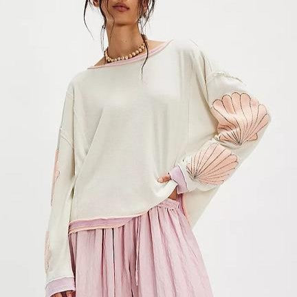 Patch Sleeve Oversized Crewneck Tee - Scallop
