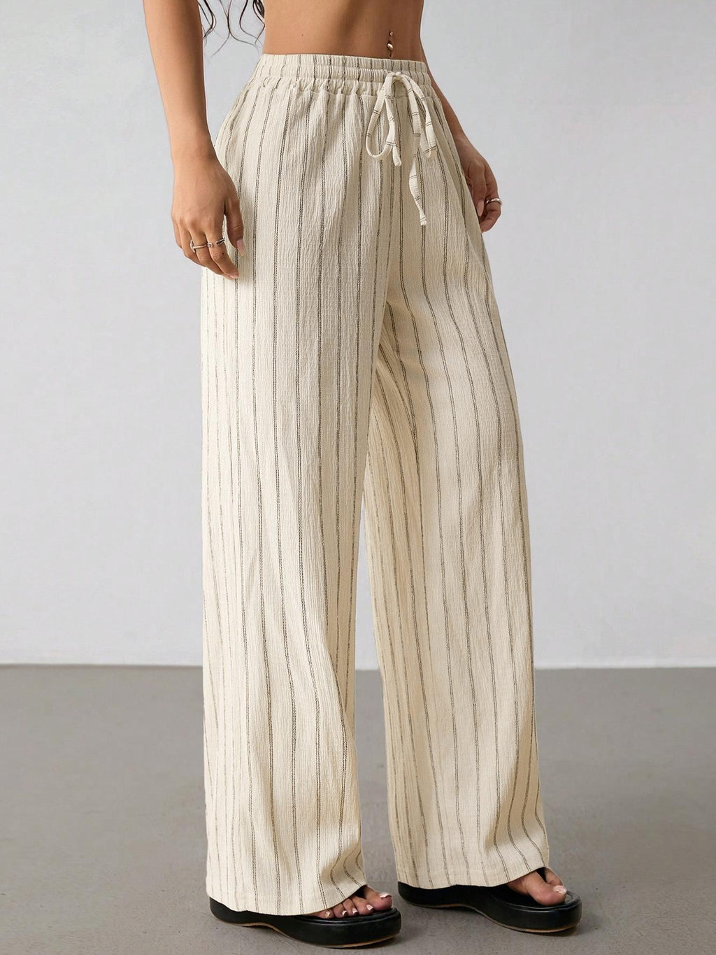 Pinstripe Wide Leg Drawstring Lounge Pants - Apricot