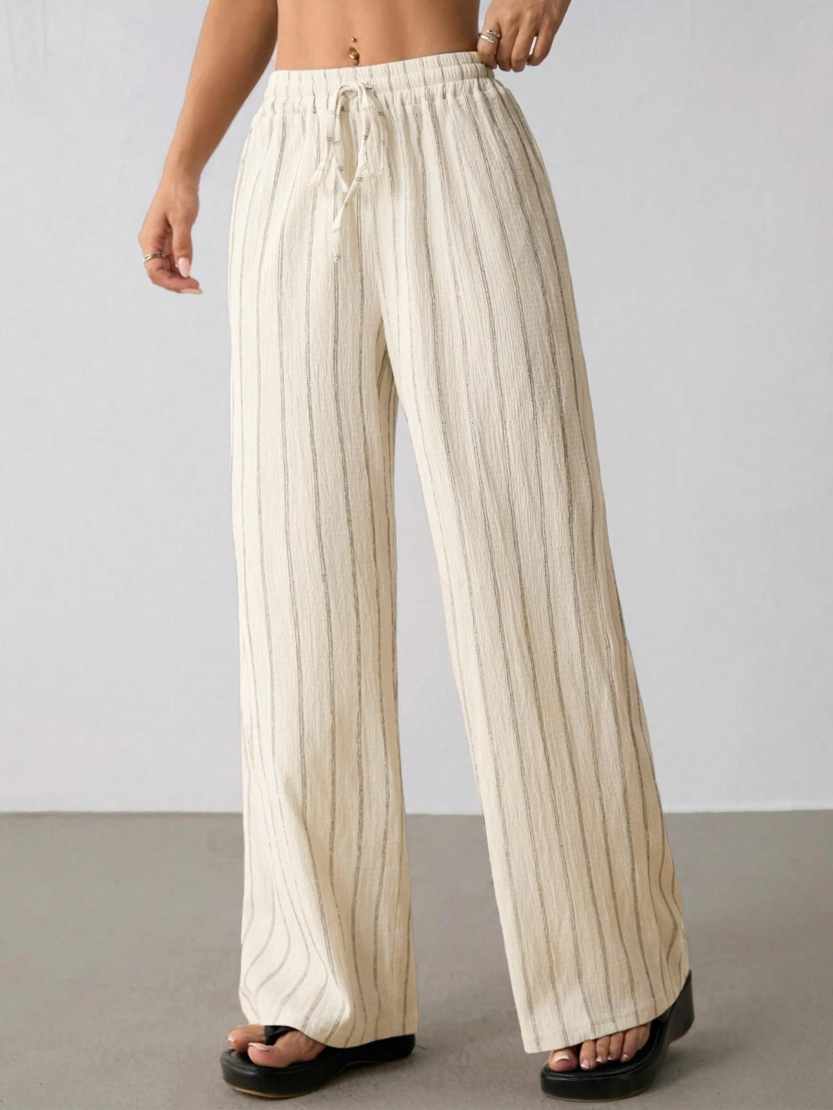 Pinstripe Wide Leg Drawstring Lounge Pants - Apricot - 1